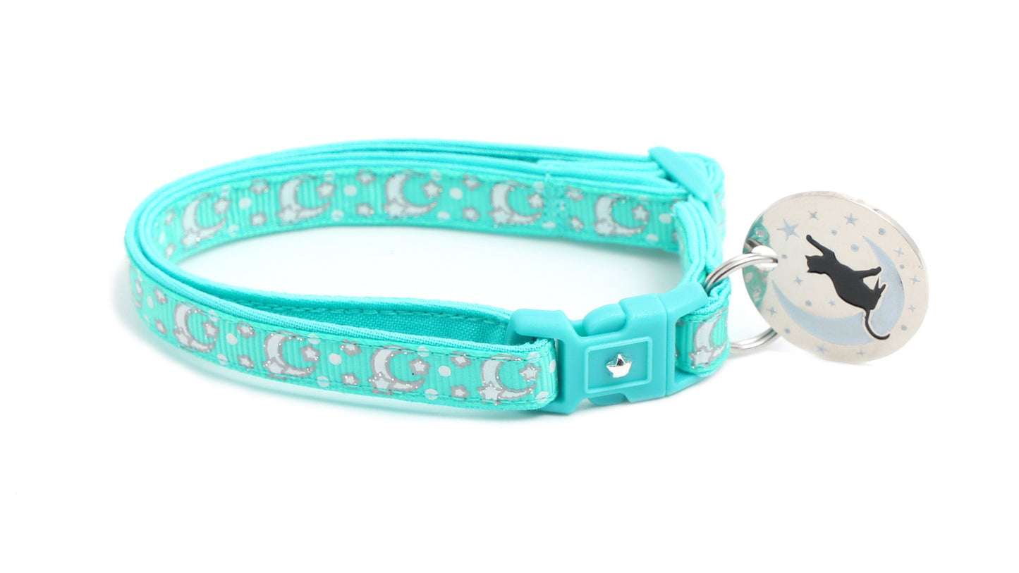 Silver Moons and Stars on Aqua Cat Collar