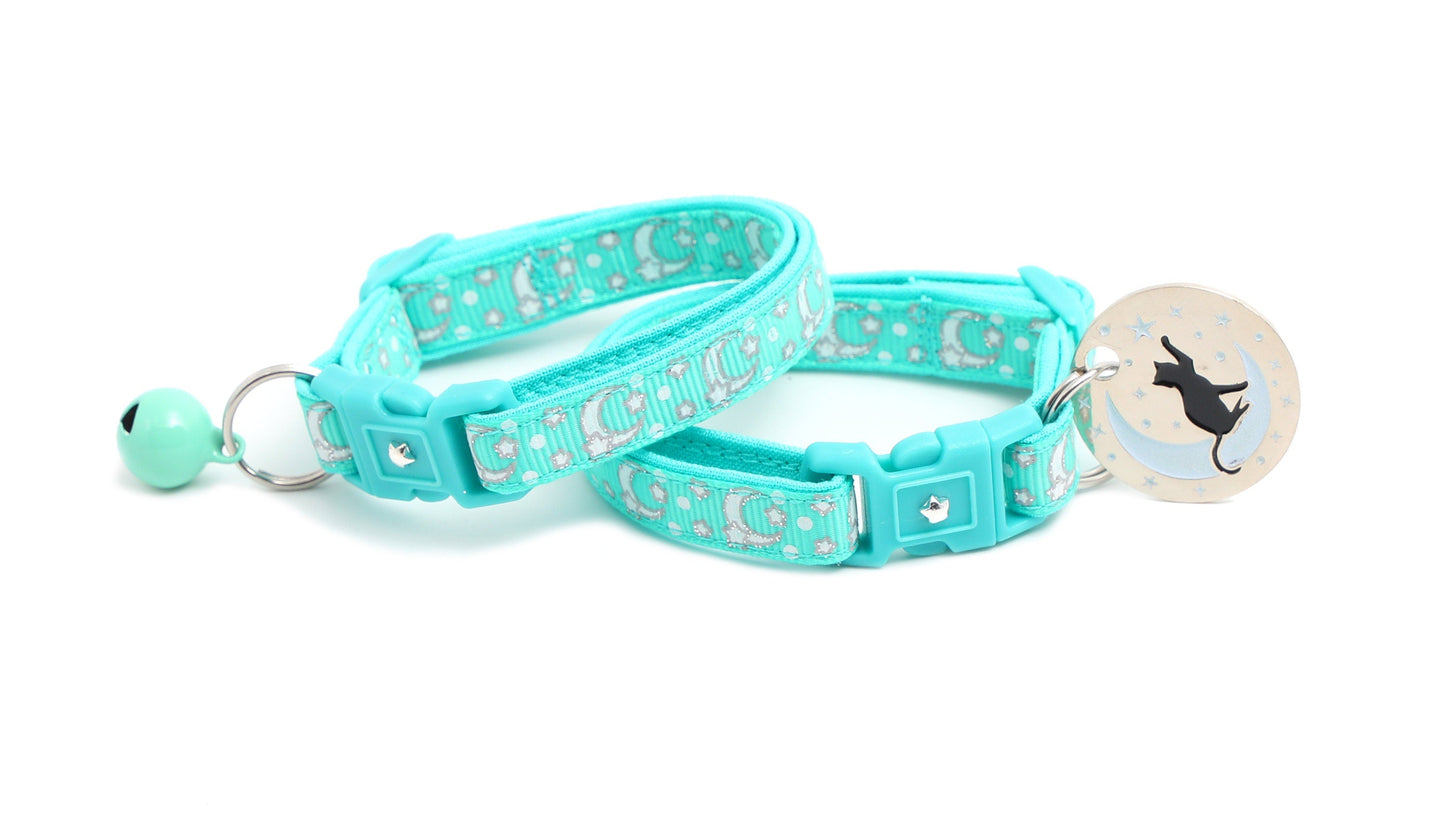 Silver Moons and Stars on Aqua Cat Collar
