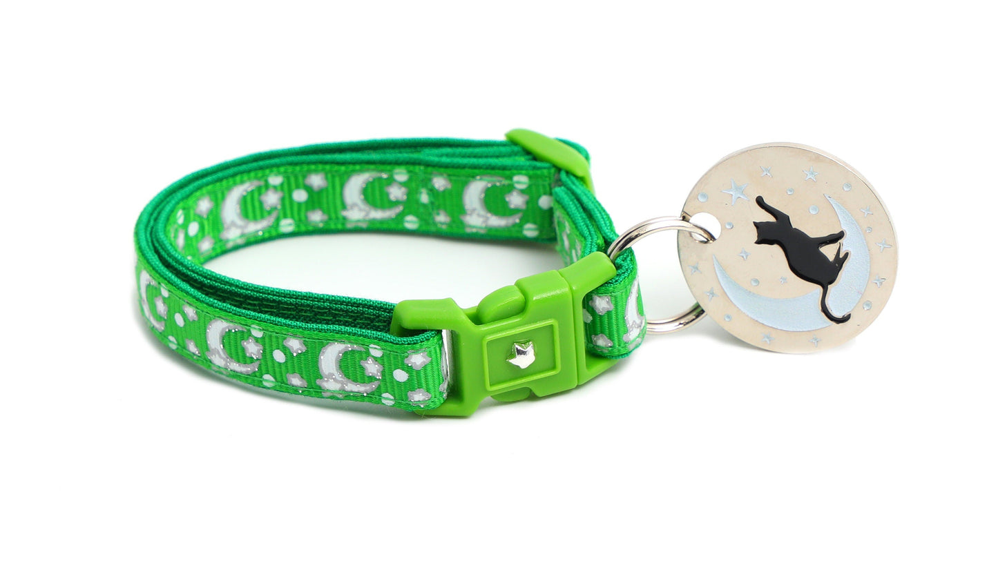 Silver Moons and Stars on Kelly Green Cat Collar