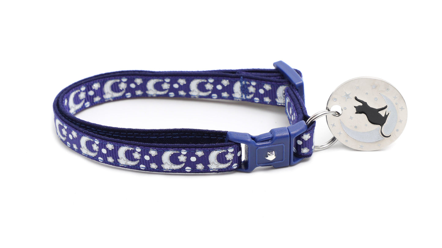 Silver Moons and Stars on Navy Blue Cat Collar
