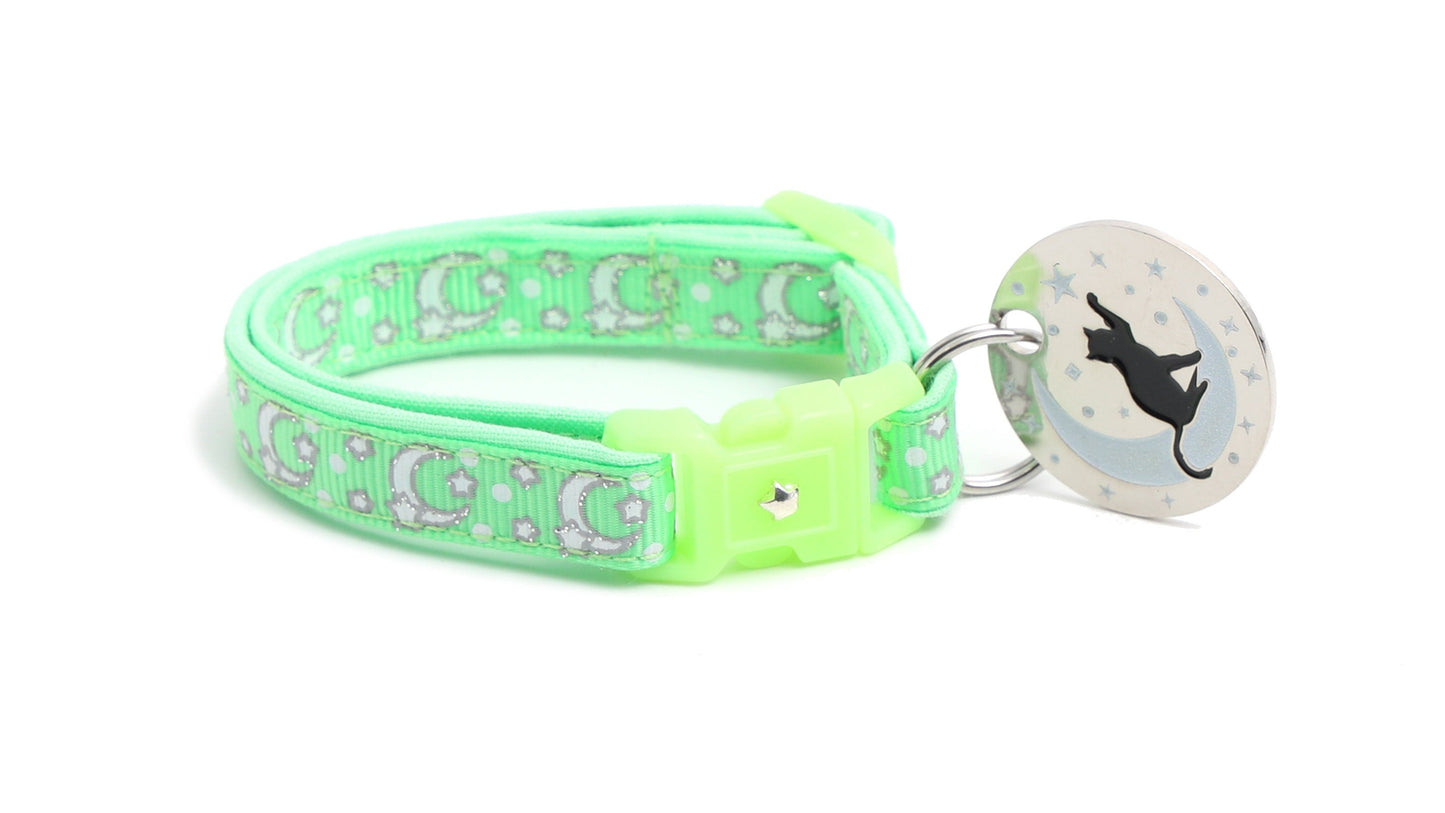 Silver Moons and Stars on Mint Green Cat Collar