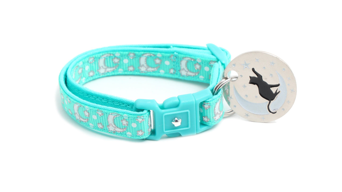 Silver Moons and Stars on Aqua Cat Collar