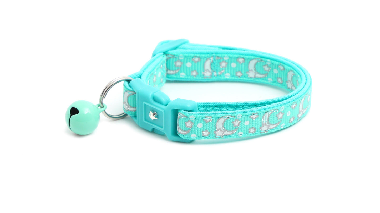 Silver Moons and Stars on Aqua Cat Collar
