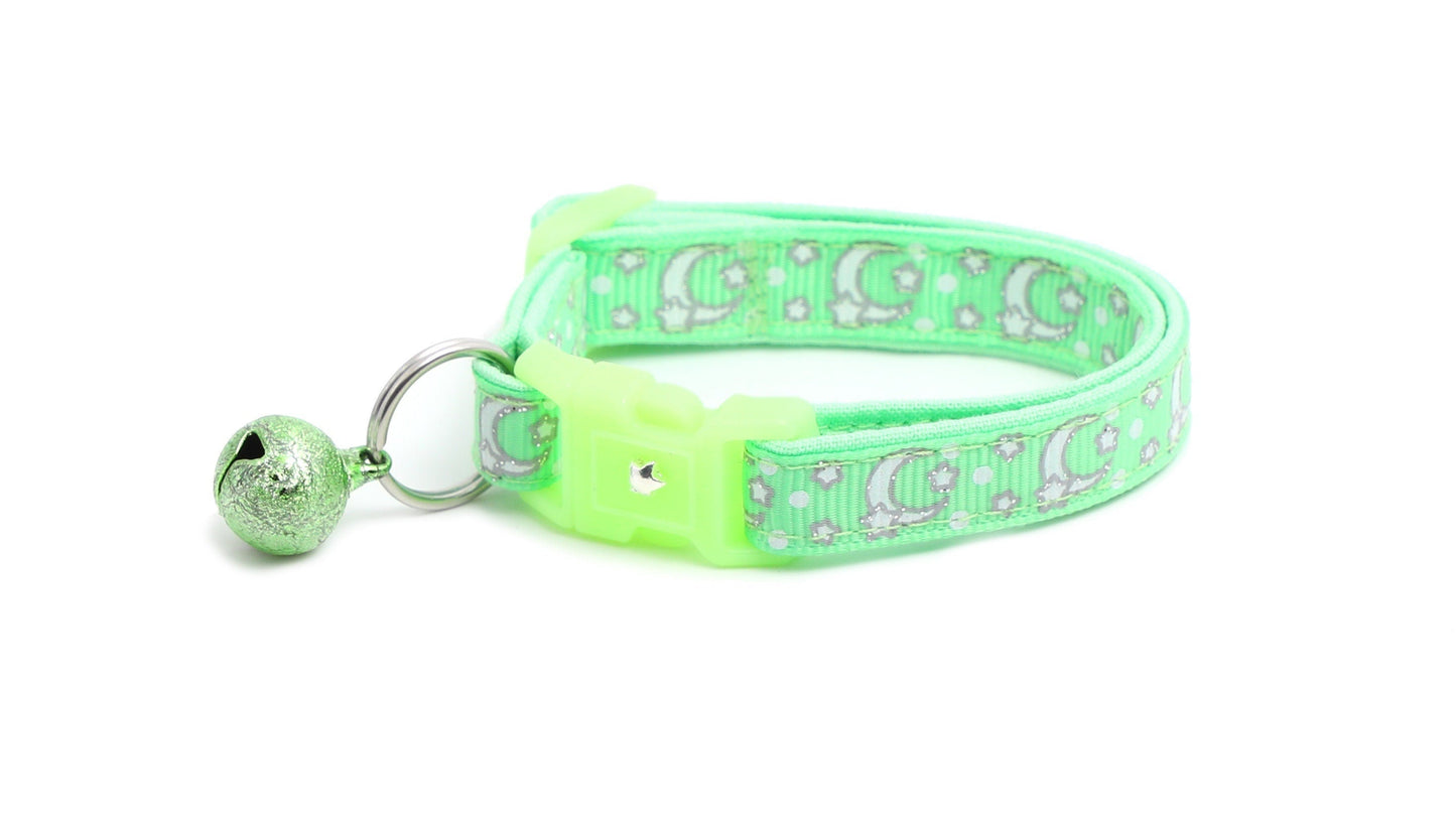 Silver Moons and Stars on Mint Green Cat Collar