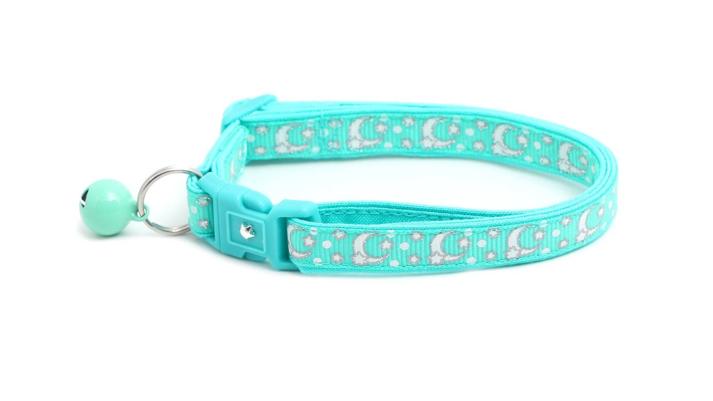 Silver Moons and Stars on Aqua Cat Collar