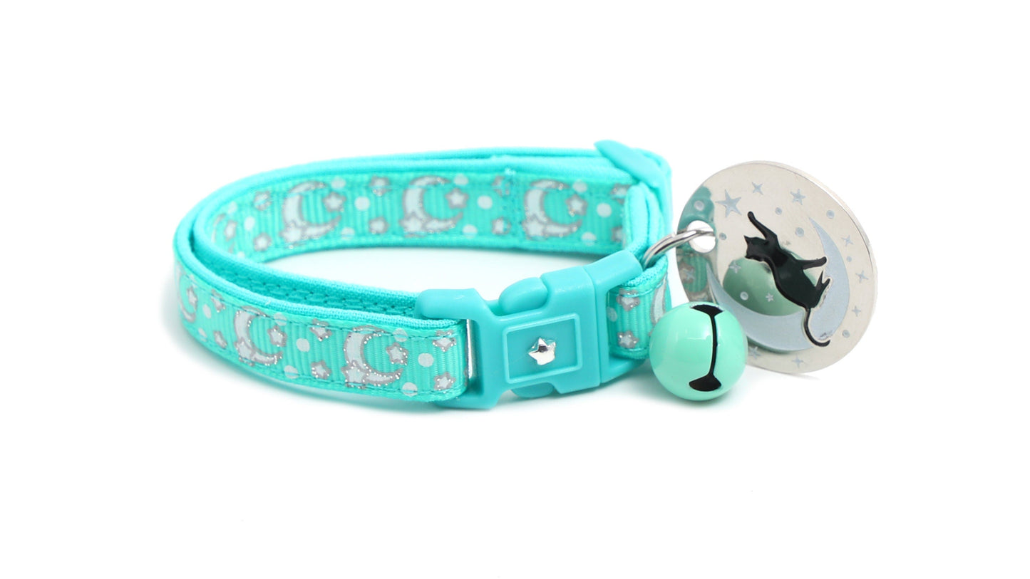 Silver Moons and Stars on Aqua Cat Collar