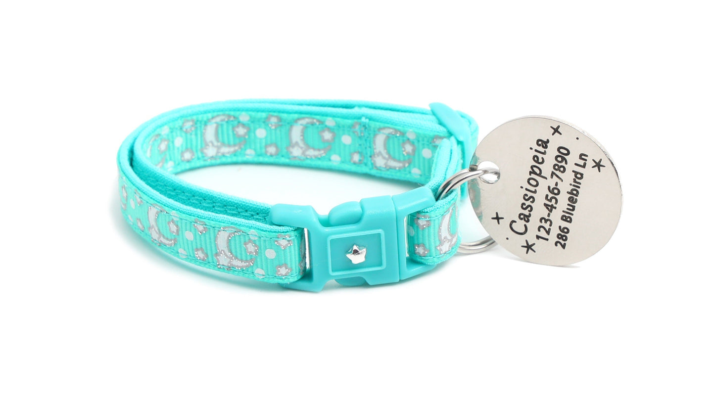 Silver Moons and Stars on Aqua Cat Collar