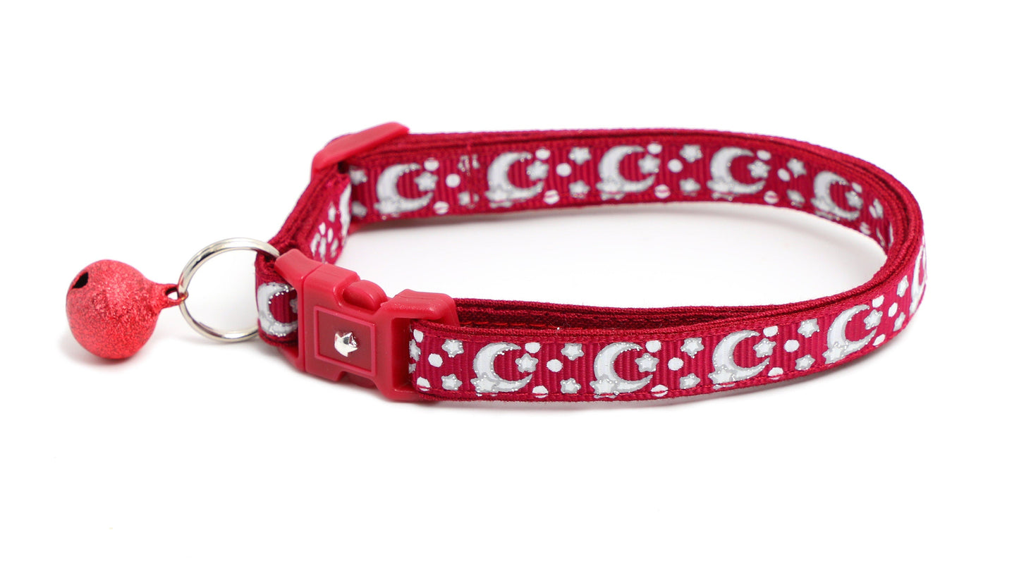 Silver Moons and Stars on Dark Red Cat Collar
