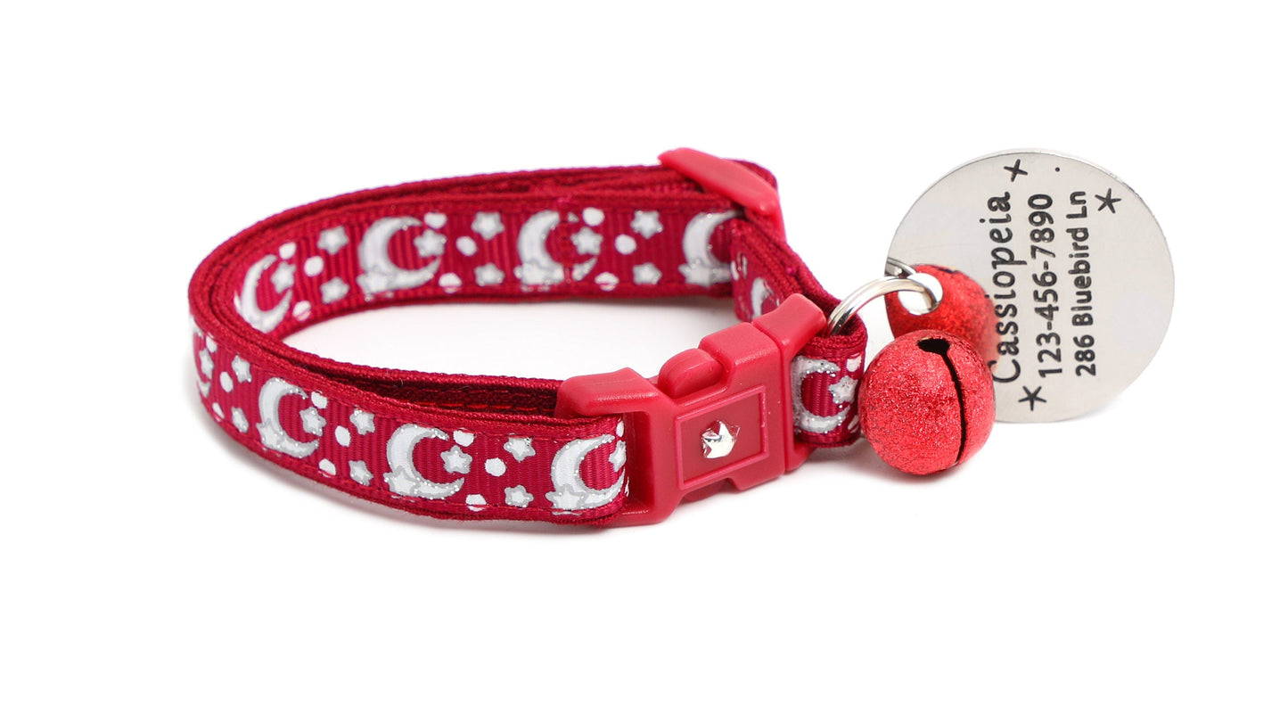 Silver Moons and Stars on Dark Red Cat Collar