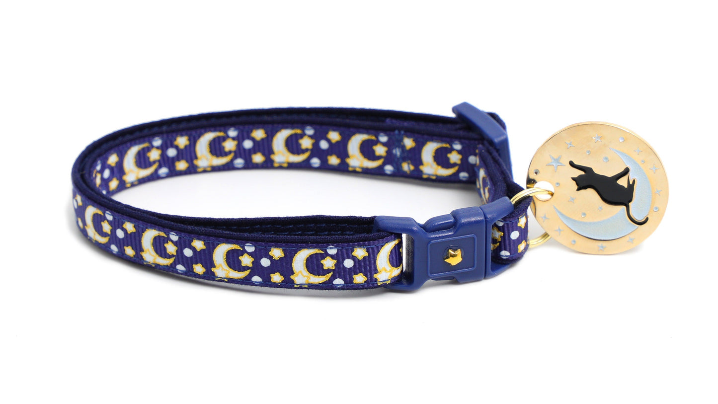Gold Moons and Stars on Navy Blue Cat Collar
