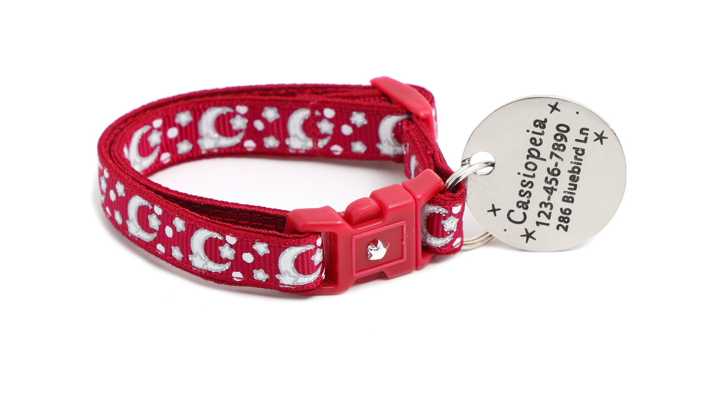 Silver Moons and Stars on Dark Red Cat Collar