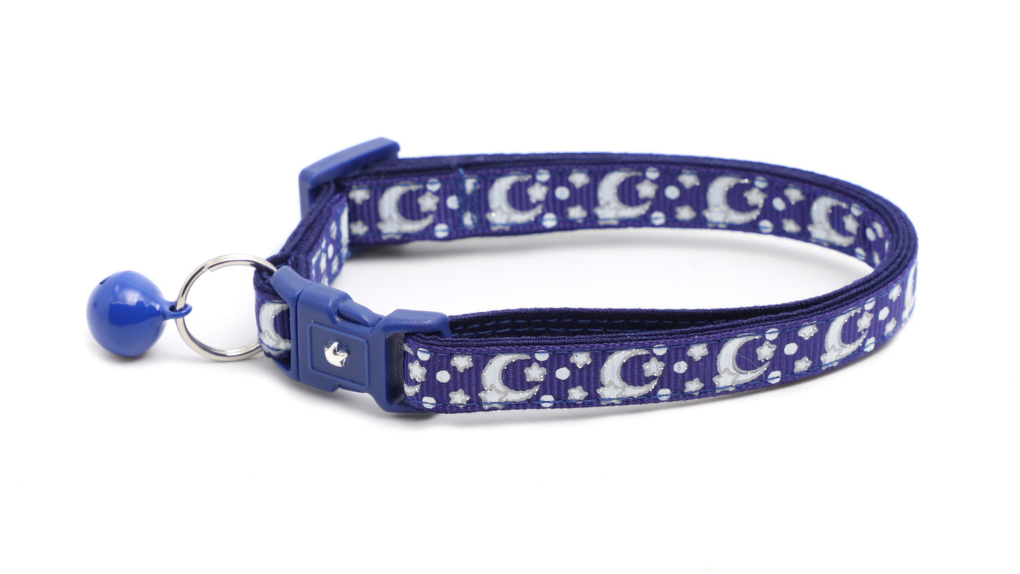 Silver Moons and Stars on Navy Blue Cat Collar