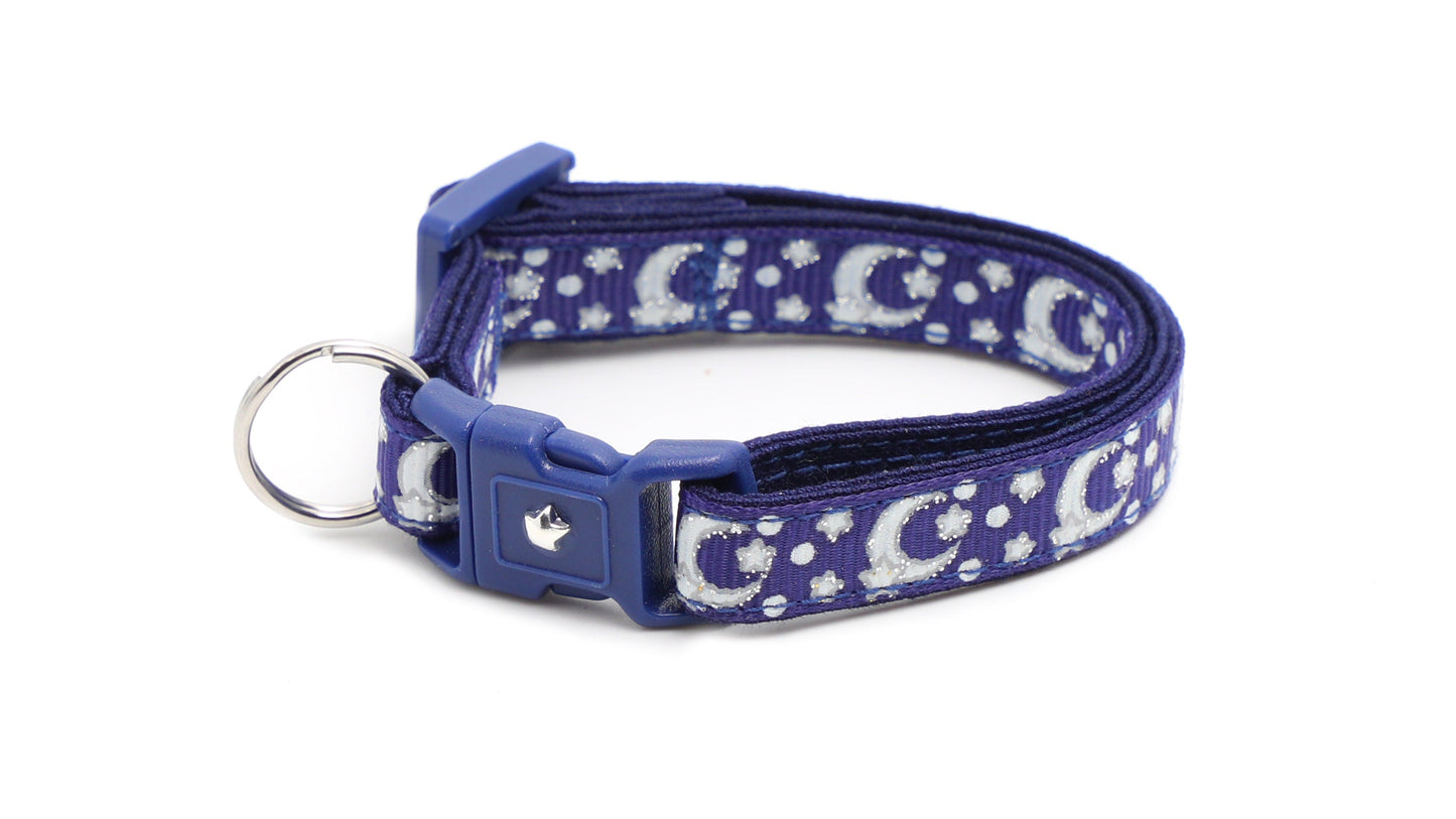 Silver Moons and Stars on Navy Blue Cat Collar