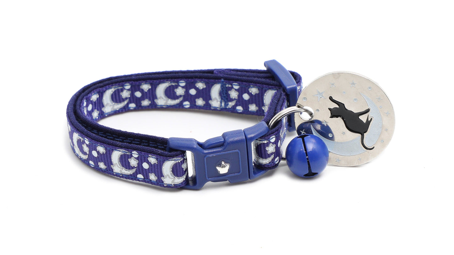 Silver Moons and Stars on Navy Blue Cat Collar