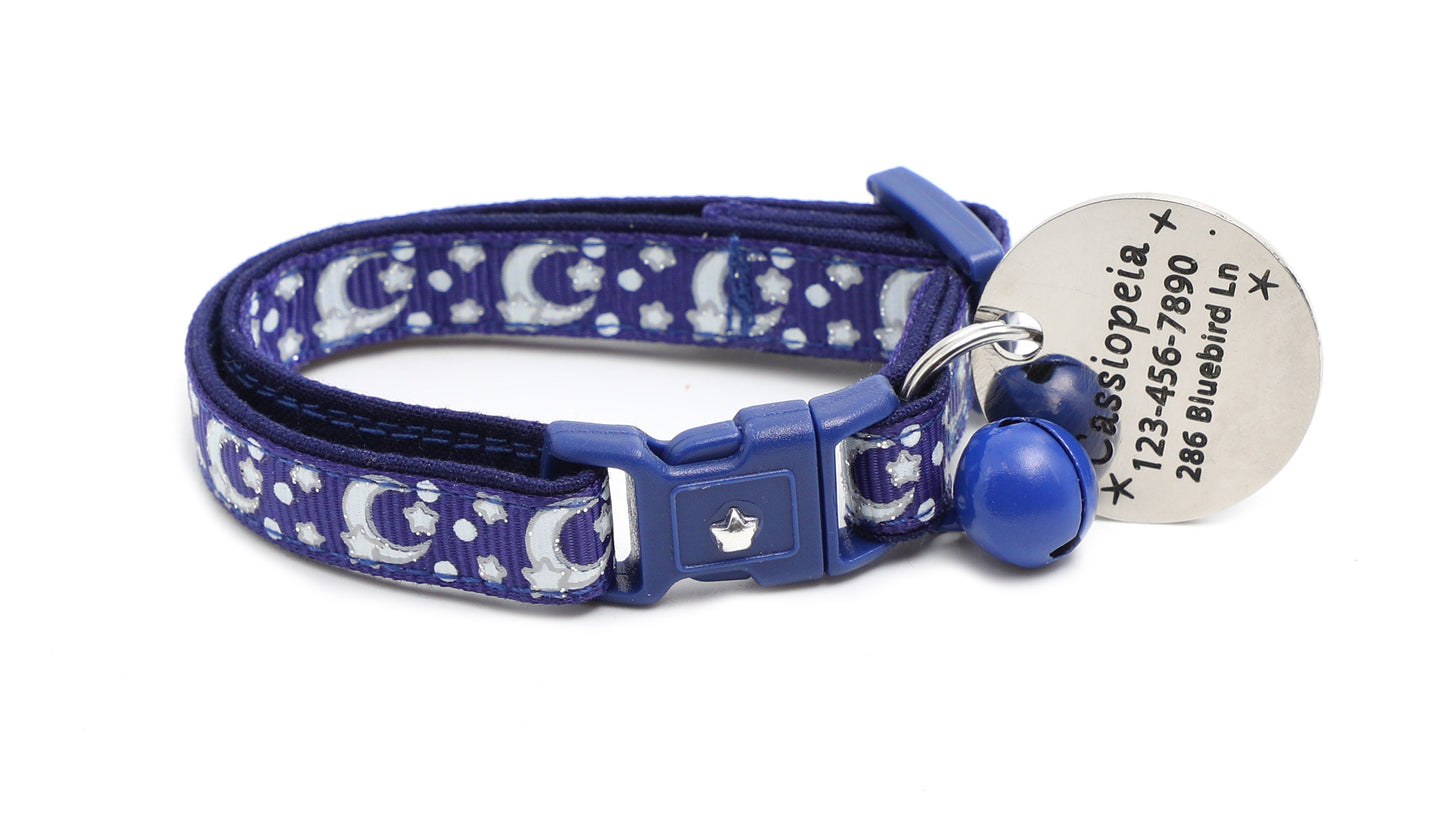 Silver Moons and Stars on Navy Blue Cat Collar