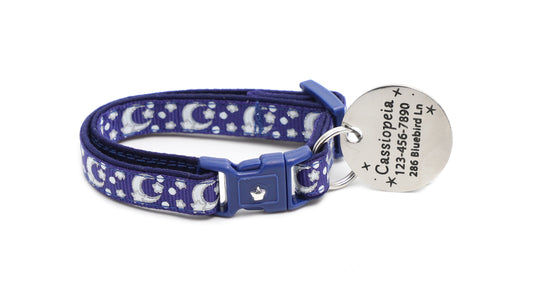 Silver Moons and Stars on Navy Blue Cat Collar
