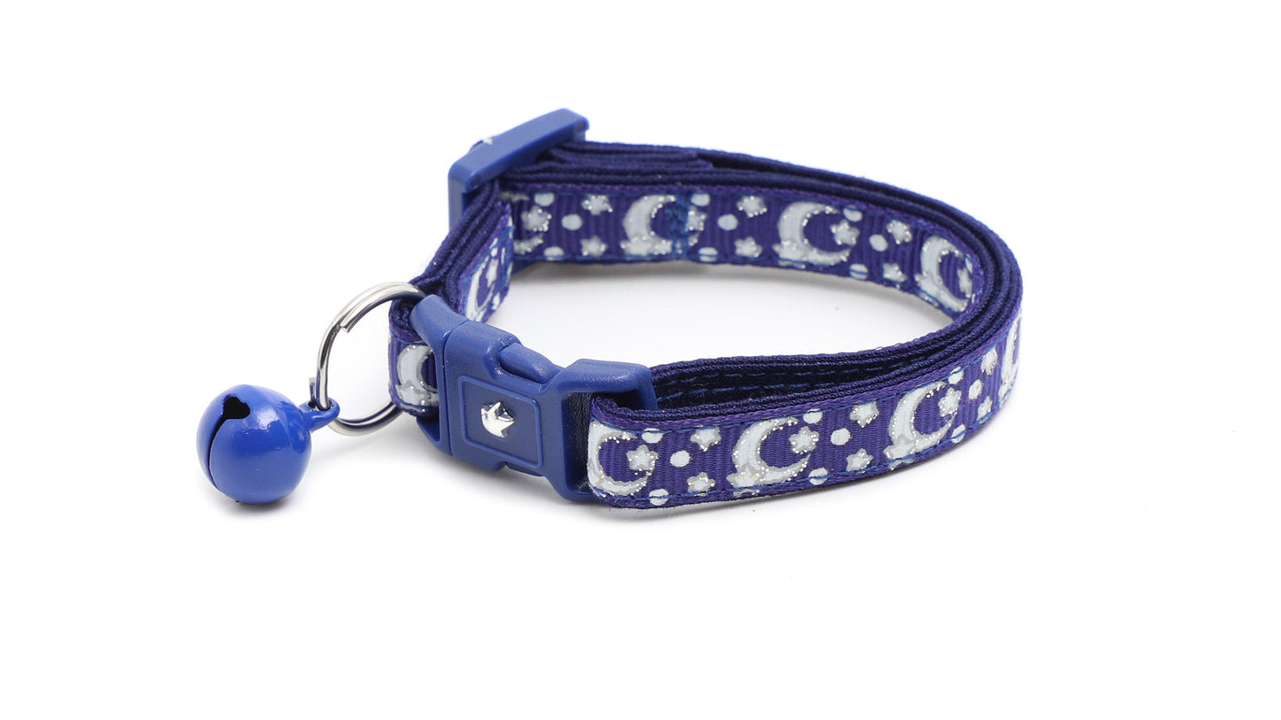 Silver Moons and Stars on Navy Blue Cat Collar