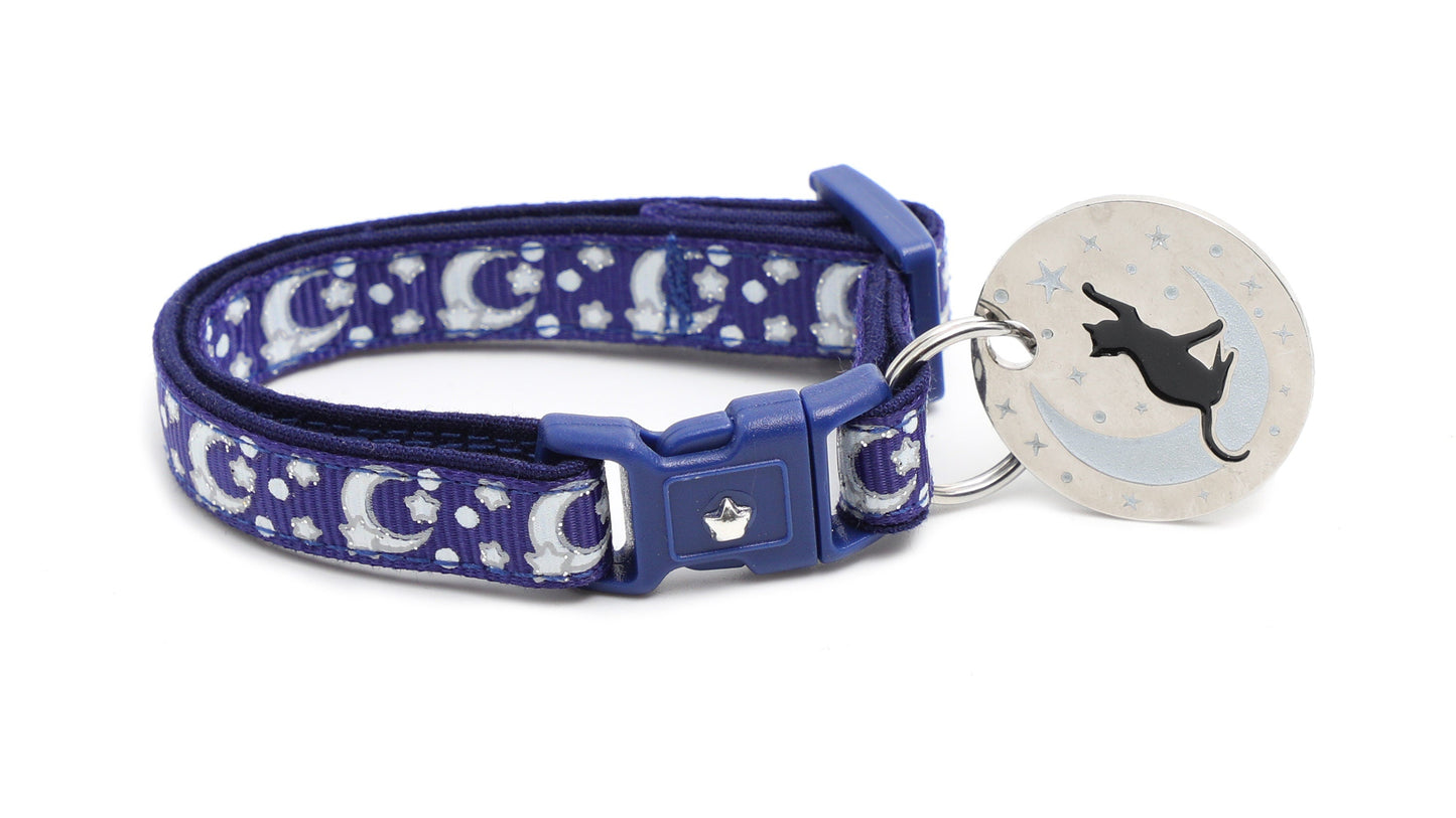 Silver Moons and Stars on Navy Blue Cat Collar