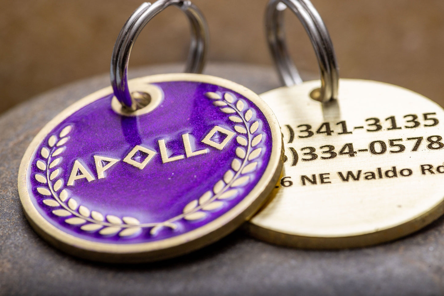 Engraved Greek Laurel Pet ID Tag - Cat or Dog Royal Purple and Gold Name Tag - Greek God Pet ID Tag