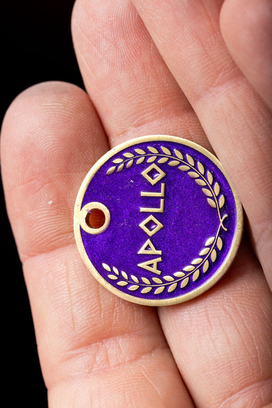 Engraved Greek Laurel Pet ID Tag - Cat or Dog Royal Purple and Gold Name Tag - Greek God Pet ID Tag